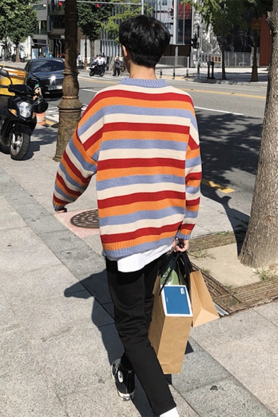 Qiangjinjiu Mens Color Block Long Sleeve Splicing Top Crew Neck Pullover Sweater 