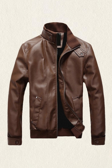 Cool Mens Jacket Button Cuffs Zipper up Long Sleeve Mock Neck Slim Fitted Leather Jacket