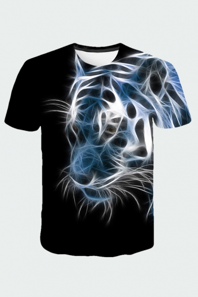 Dressy T-Shirt Abstract Light Wolf Head 3D Printed Regular Fit Crew Neck Short Sleeve Black T-Shirt for Men
