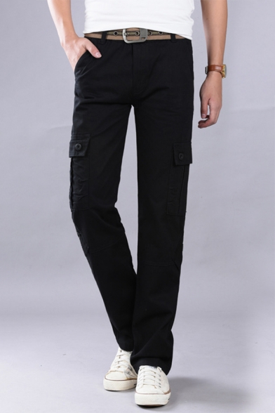 Fashion Basic Solid Color Multi-pocket Zip-fly Straight-leg Men's Casual Cargo Pants
