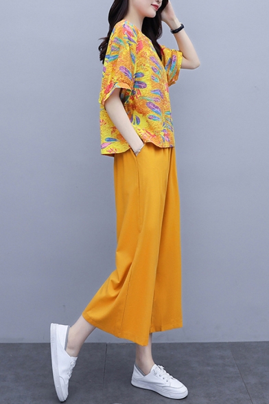 Fashion Womens Linen and Cotton Flower Leaf Printed 3/4 Sleeve Round Neck Loose T Shirt & Cropped Baggy Wide-leg Pants Set