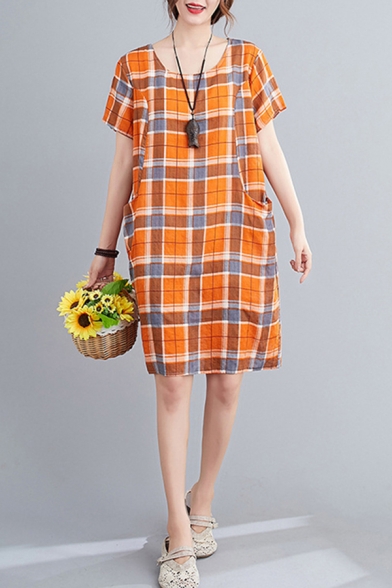 Fashion Womens Plaid Printed Short Sleeve Round Neck Linen and Cotton Short Shift Dress in Orange