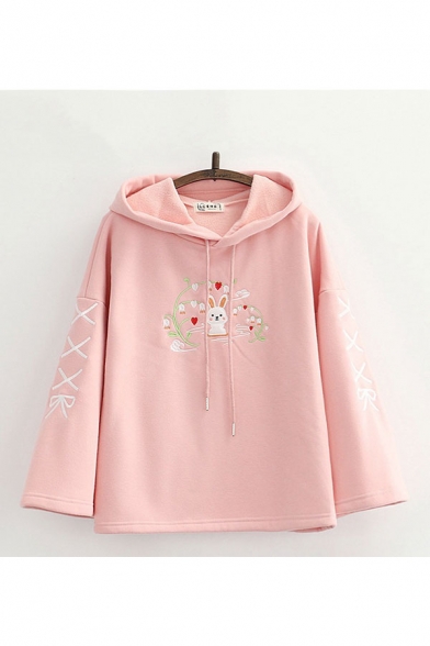 Ladies Lovely Cartoon Rabbit Heart Bow Embroidery Drawstring Bell Long Sleeve Loose Fit Hoodie