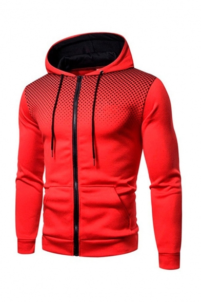 Men's Comfortable Hoodie Dots Geometric Pattern Zip Closure Pockets Long Sleeve Drawstring Slim Fit Sporty Hoodie