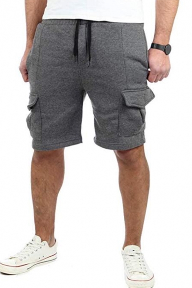Men's New Stylish Solid Color Drawstring-Waist Flap Pocket Front Cotton Sport Sweat Shorts