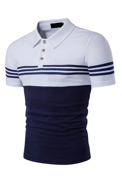 Men's Trendy Polo Shirt Color-block Horizontal Stripe Pattern Button ...