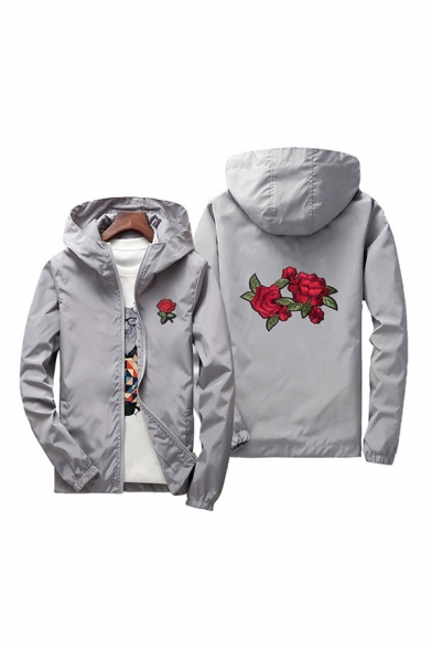 Mens Jacket Simple Floral Embroidered Bungee-Style Waist Inner Lining Zipper down Long Sleeve Regular Fit Hooded Windbreaker Jacket