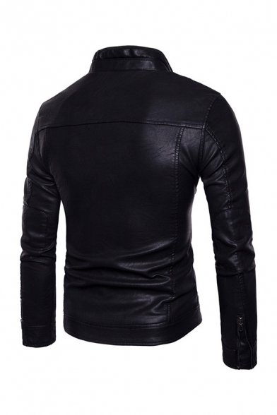 Mens Jacket Simple Zipper Embellished Mock Neck Slim Fitted Long Sleeve Leather Jacket