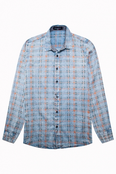 Mens Shirt Simple Plaid Printed Button up Turn-down Collar Long Sleeve Regular Fit Shirt