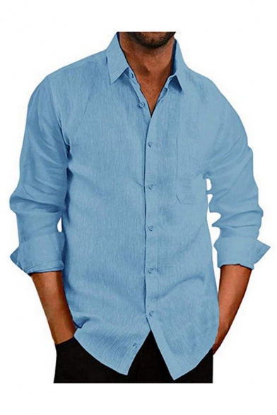 Mens Shirt Simple Plain Linen Turn-down Collar Button-down Slim Fitted Long Sleeve Shirt