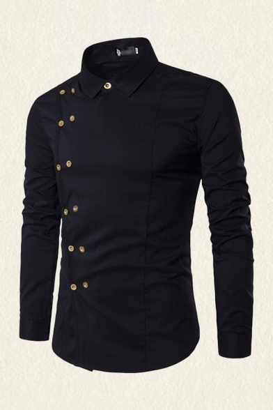 Mens Shirt Simple Solid Color Double-Breasted Oblique Placket Point Collar Slim Fitted Long Sleeve Shirt