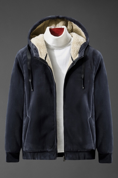 Novelty Mens Jacket Sherpa Lined Scratch-Resistant Rib Hem Inside Pockets Zipper down Long Sleeve Slim Fitted Hooded Casual Jacket