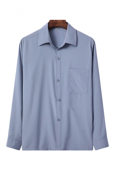 Novelty Mens Shirt Plain Turn-down Collar Button-down Regular Fit Long Sleeve Shirt with Chest Pocket
