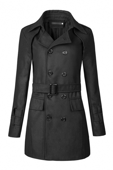 Novelty Mens Trench Coat Buckle Belted Button Tab Cuffs Double-Breasted Notched Lapel Collar Long Sleeve Slim Fitted Woolen Trench Coat