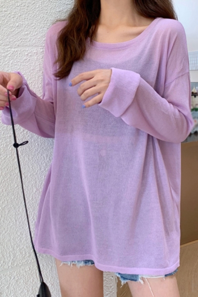 

Novelty Plain See Through Round Neck Long Sleeve Loose Tunic Knitwear Top for Ladies, Green;orange;white;purple;yellow;sky blue, LM687991