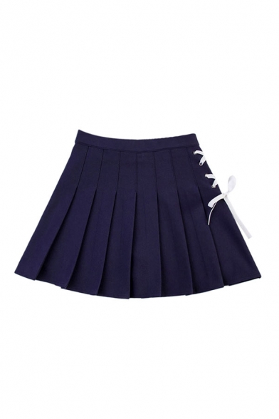 Novelty Womens Skirt Plain Side Lace-up Embellished Mini A-Line Pleated Skirt