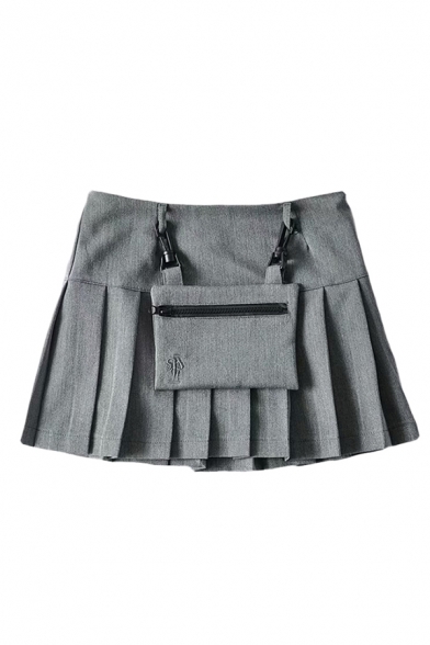 Retro Womens Skirt Plain Panel Pleated Hem Detachable Waist-Bag High Waist Mini A-Line Skirt