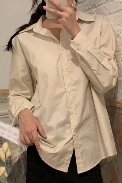 Simple Girls Solid Color Long Sleeve Spread Collar Button Up Relaxed Fit Shirt Top