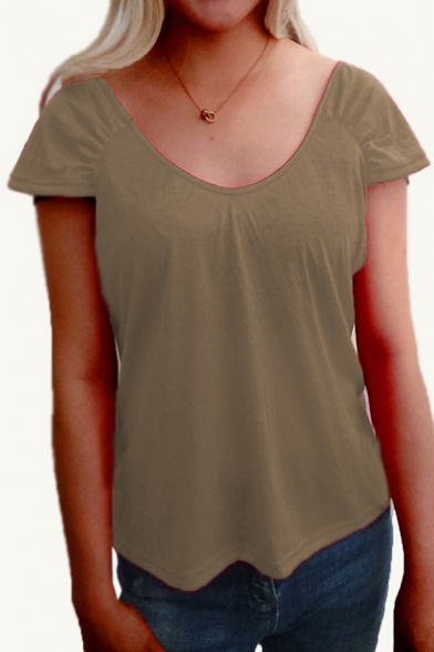 Simple Womens Solid Color Scoop Neck Short Sleeve Relaxed Fit Tee Top