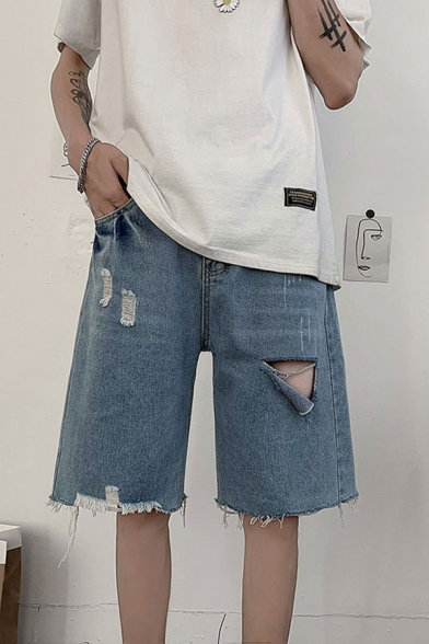 Streetwear Mens Distressed High Waist Bleach Straight Denim Shorts in Blue