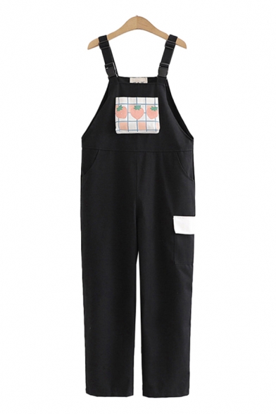 Stylish Womens Overalls Strawberry Checked Pattern Flap Pocket Buckle Full Length Overalls