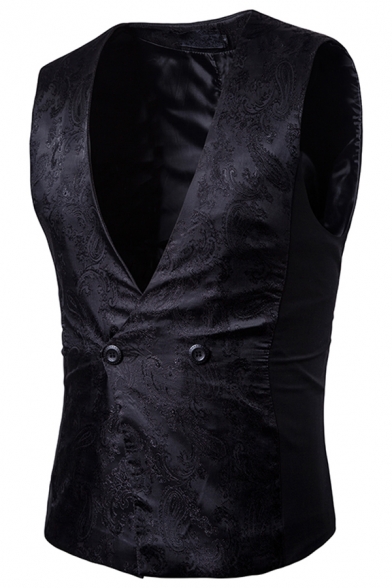 Trendy Floral Printed Double Button Patched Suit Vest for Men