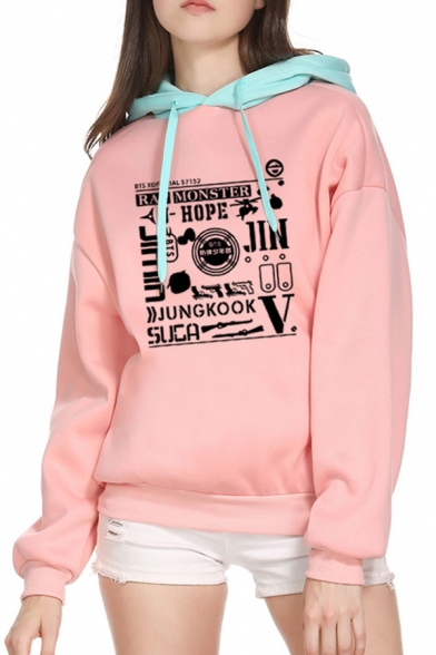 Trendy Girls Color Block Letter Graphic Print Drawstring Long Sleeve Loose Fit Hooded Sweatshirt