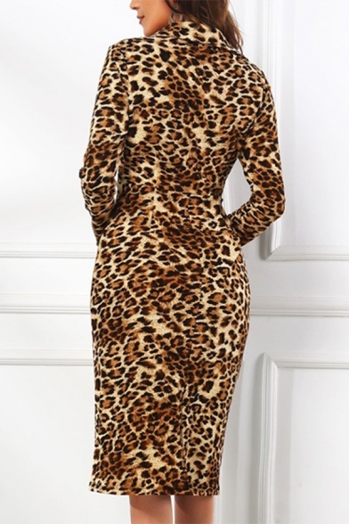 V Neck Long Sleeve Leopard Printed Tie Waist Brown Midi A-Line Dress