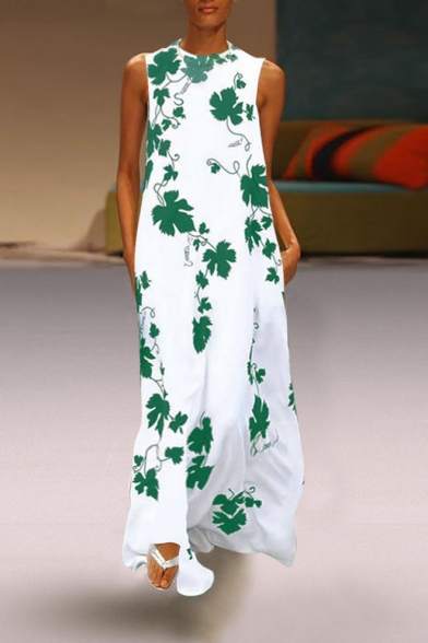 Women's Hot Fashion Floral Print Round Neck Sleeveless Maxi Dress