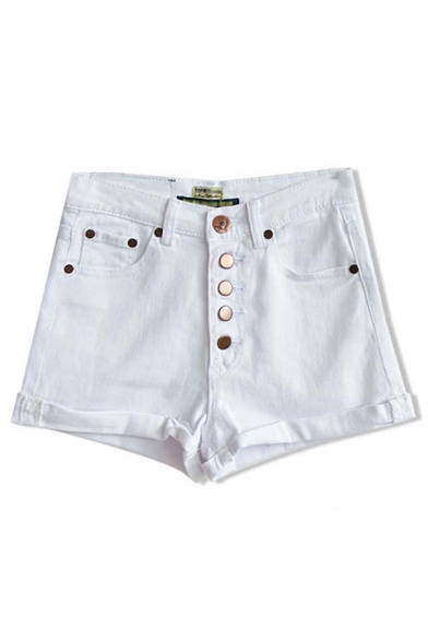 Women's Trendy Shorts Plain Button Closure Slim Fit High-rise Turn-up Hem Mini Denim Shorts in White