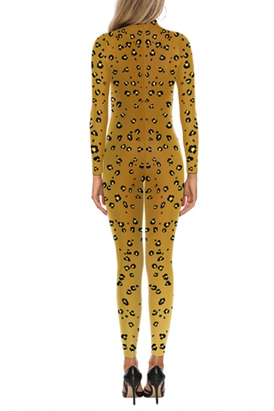 Womens 3D Jumpsuits Simple Leopard Skin Printed Long Sleeve Slim Fitted Mock Neck Ankle Length Jumpsuits