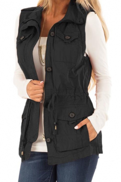 Womens Casual Plain Sleeveless Lapel Collar Flap Pocket Drawstring Waist Zip Placket Slim Fit Utility Vest Coat