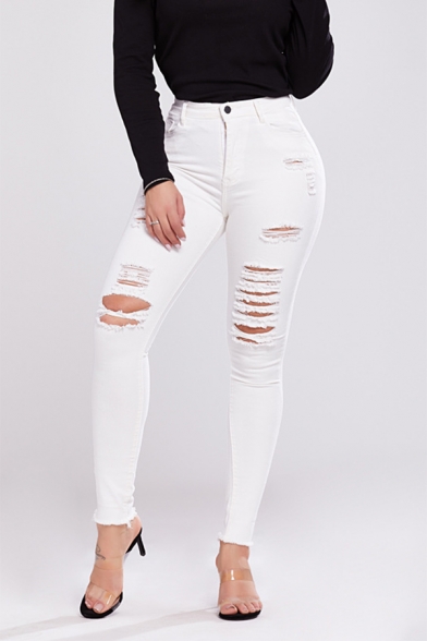 Womens Hot Fashion Distressed Ripped Knee Hole White Skinny Fit Jeans