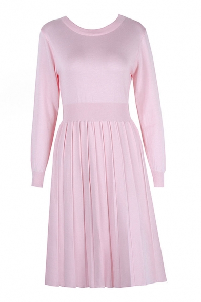 Womens Popular Solid Color Long Sleeve Crew Neck Knitted Midi A-line Pleated Sweater Dress