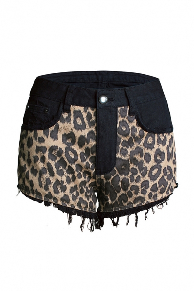 Womens Shorts Unique Leopard Skin Pattern Paneled Frayed Hem Zipper Fly Regular Fitted Denim Shorts