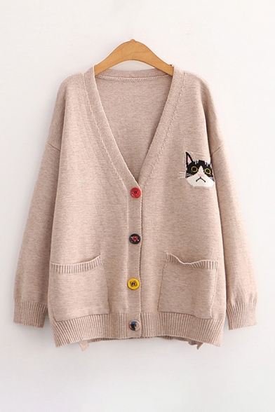 Womens Trendy Cardigan Sweater Cat Head Jacquard Button up Loose Fit Long Sleeve Deep V Neck Cardigan Sweater