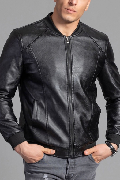 Basic Mens Jacket Pockets PU Panel Zipper Detail Stand Collar Slim Fitted Long Sleeve Leather Jacket