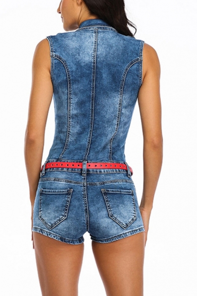 Basic Womens Blue Rompers Single-Breasted Sleeveless Notch Collar Slim Fitted Denim Rompers with Washing Effect
