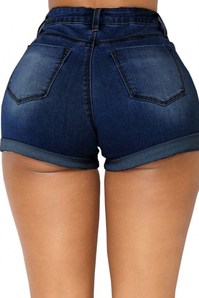 Basic Womens Blue Shorts Medium Wash Roll-up Stretch Mid Waist Slim Fitted Denim Shorts