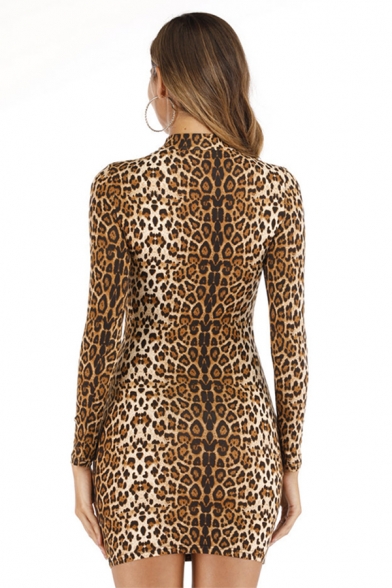 Brown Sexy Fashion Butterfly Leopard Print Long Sleeve High Collar Side Split Mini Bodycon Dress