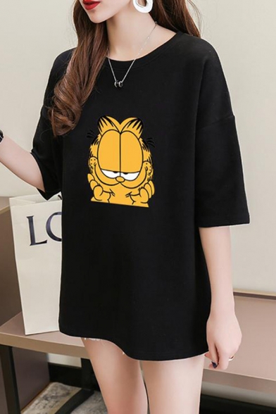 

Cartoon Garfield Printed Round Neck Half Sleeve Casual T-Shirt, Black;green;pink;white;apricot;purple;yellow;light purple, LM511640