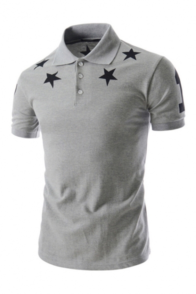 Chic Polo Shirt Number Star Geometry Print Spread Collar Short-sleeved Button Detail Slim Polo Shirt for Men