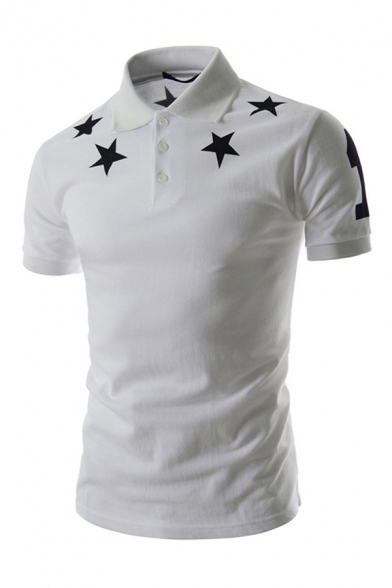 Chic Polo Shirt Number Star Geometry Print Spread Collar Short-sleeved Button Detail Slim Polo Shirt for Men
