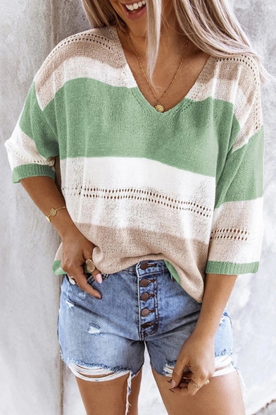 Chic Womens Striped Color Block Hollow Out V Neck 3/4 Sleeve Loose Knitwear Pullover Sweater