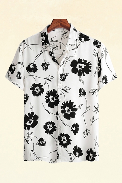 Classic Mens Shirt Floral Leaf Pattern Button up Short Sleeve Point Collar Regular Fitted Shirt