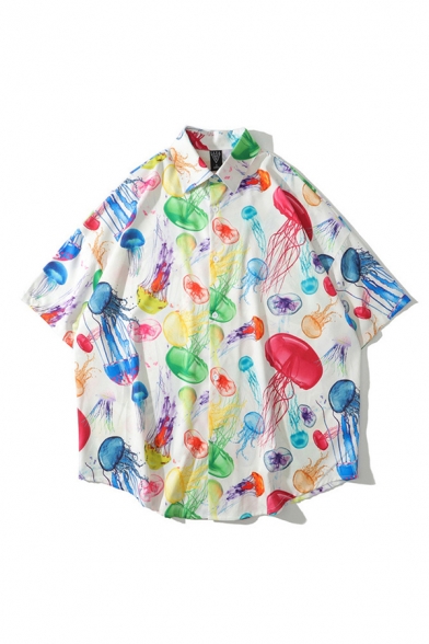 Classic Mens Shirt Multicolored Jellyfish Pattern Turn-down Collar Button-down Relaxed Fit Half Sleeve Shirt