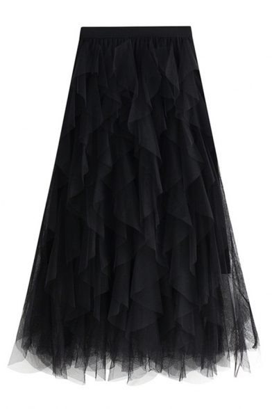 Classic Womens Skirt Solid Color High Elastic Waist Layered Tulle Ruffle Midi Asymmetrical Skirt
