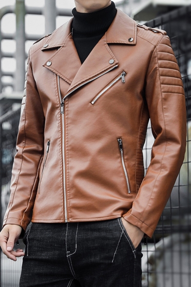 Cool Mens Jacket Quilted Detail Epaulets Wide Lapel Zipper up Front Slim Fitted Long Sleeve Leather Jacket