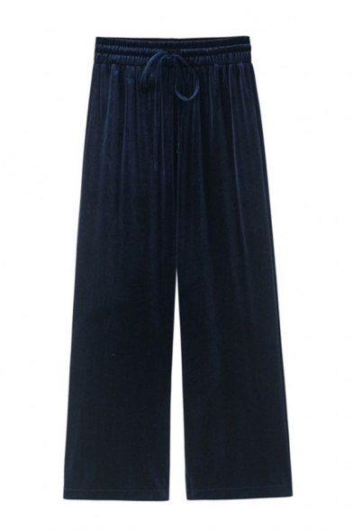 Cool Womens Pants Plain Pleuche High Drawstring Waist Loose Fitted Long Straight Relaxed Pants