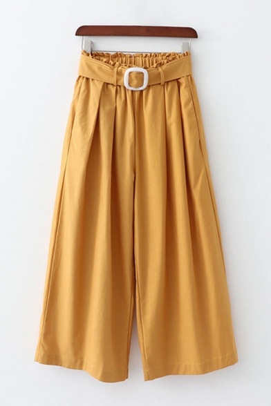 Cool Womens Pants Solid Color Buckle Waist Pleated Ankle Length Loose Fitted Wide Leg Pants